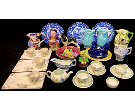 A Mason's Ironstone hunting jug; another Ironstone jug; a Royal Doulton Pansy dish; a Coopercraft model of a spaniel; a Woods