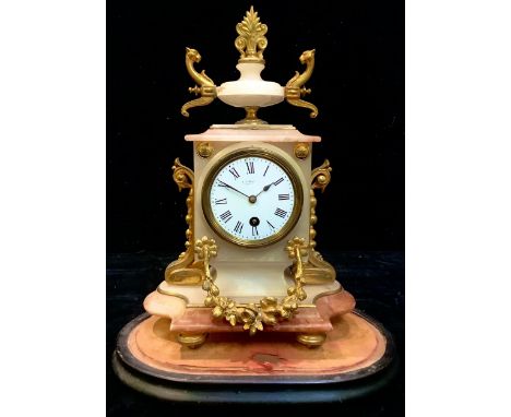 A white marble and gold coloured metal clock, white enamel dial, glass dome 