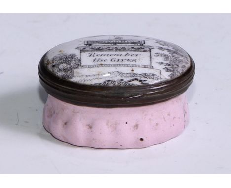 A George III South Staffordshire enamel oval patch box, hinged cover printed in monochrome with a vestal flame and inscribed 