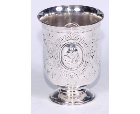 A Victorian silver pedestal beaker, in relief with portrait ovals of Neptune and Salacia, within Gothic strapwork, domed foot