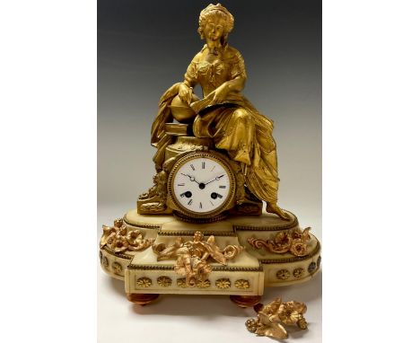 A 19th century French gilt metal figural clock, classical female scholar, enamel dial with Roman numerals, 43cm high, c.1870 