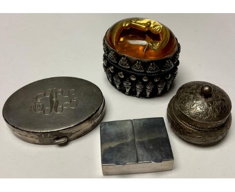 A sterling silver double pill/snuff box, two hinged covers, 3.5cm wide, marked 925; a silver miniature ovoid pot and cover, k