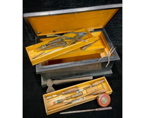 Tools - a pine tool chest containing various carpentry chisels, Rabone leather cased tape measure, etc 