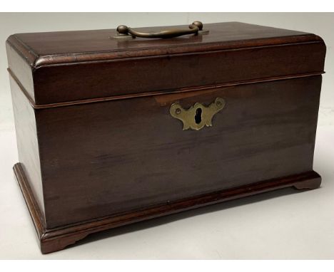 A George II mahogany tea caddy, hinged cover with brass swan neck handle, enclosing three compartments, bracket feet, c.1750 