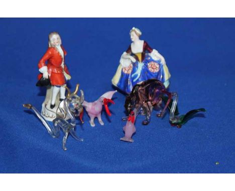 SMALL COLLECTION OF GLASS ANIMAL FIGURES 
together with two 19th century style ceramic figures 