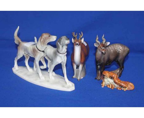 ROYAL WORCESTER 3118 PEKINESE PUPPY GROUP
along with a Katzhutte group of two Pointer dogs, Royal Doulton HN 2658 white taile
