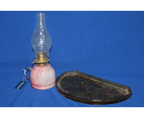 PINK GLASS HAND HELD OIL LAMP
together with an Art Deco sun-ray semi-circular yellow glass tray, tray 36cm long
