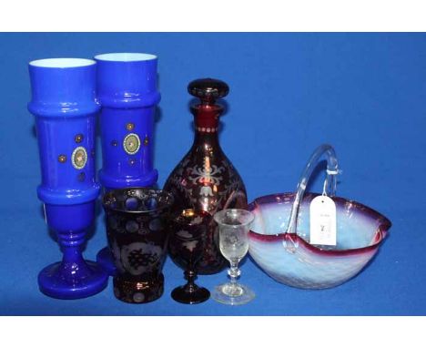 LOT OF EARLY 20TH CENTURY GLASSincluding a pair of blue glassvases, a cranberry glass decanter, vase and glass etc.