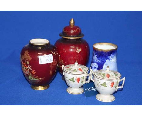 LOT OF CERAMICS
including two Carlton ware Rouge Royale vases with enamel scenes of temples, one missing lid, a pair of Wedgw