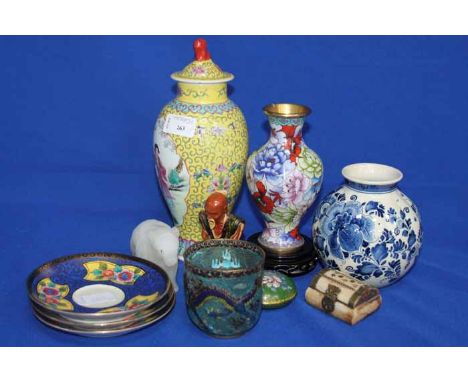 LOT OF CHINESE AND OTHER CERAMICS ETC
including cloisonne vase and dish, Noritake saucers, Delft vase, etc 