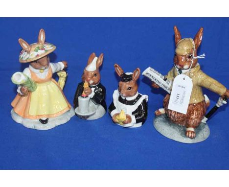 FOUR ROYAL DOUTON BUNNYKINS TEA WARE FIGURES
including a Bulter milk jug, a maid sugar bowl, Lord of the Manor teapot and Lad