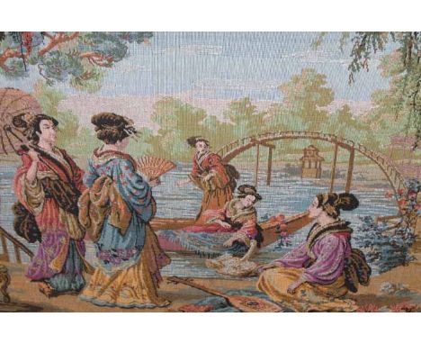 LARGE TAPESTRY DEPICTING GEISHA WITHIN A LANDSCAPE
framed; together with an oak framed mirror (2)