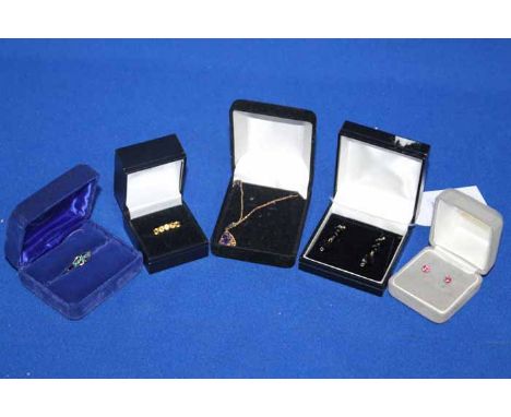 GOOD COLLECTION OF 9CT GOLD GEM SET JEWELLERY
comprising two sets of 9ct earrings, a 9ct amethyst pendant on a 9ct chain, a 9