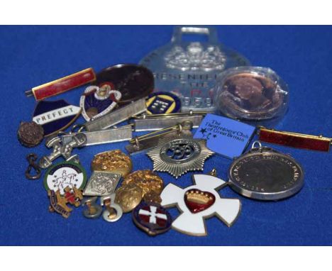 LOT OF ENAMEL BADGES, BUTTONS, ETC