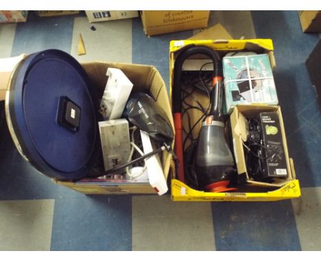 Two Boxes of Tools to Include Dummy CCTV Cameras, Dust Buster, Vacuum Cleaners Clock Etc.  