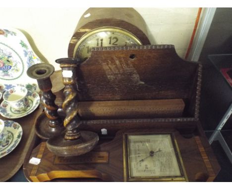 A Walnut Wall Hanging Barometer, Pair of Oak Candle Sticks, Mantle Clock and Stationery Rack Etc. 