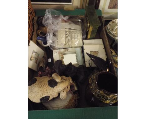 A Box of Sundries to Include Cowboy Ornament, Telephone, Mantle Clock, Metal Ware, Ornaments Etc.