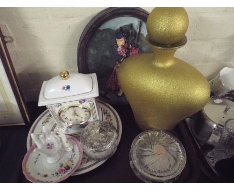 A Tray Containing Ceramic Mantle Clock, Ring Stand, Dressing Table Pots and Scotsman Plaque.