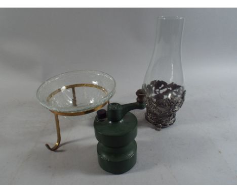 A Cast Metal Salt Grinder, Tea Light and Bowl.
