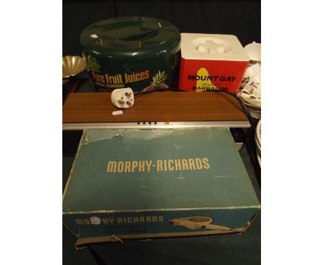 A Vintage Ferguson Alarm Clock, Morphy Richardson Hairdryer and Two Advertising Ice Buckets.
