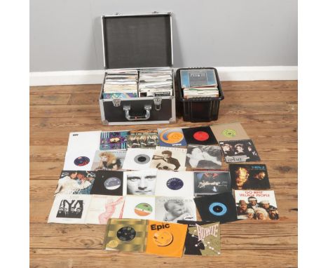 Two boxes of assorted vinyl singles of mainly 70's/80's rock and pop to include David Bowie, Elton John, Blondie, Soft Cell, 