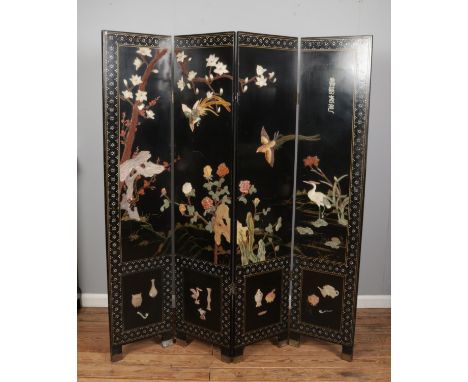 A Chinese style chinoiserie four panel folding screen heavily decorated with soapstone carved birds and flowers. Approx. heig