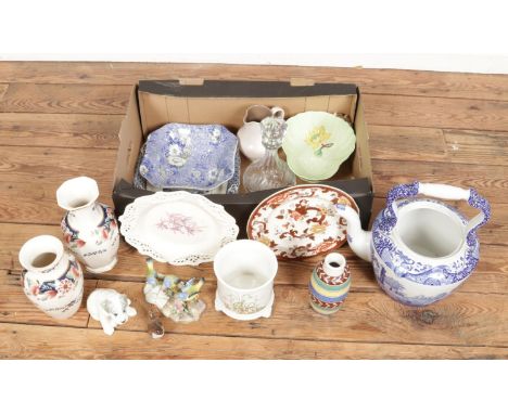 A box of miscellaneous. Includes Spode teapot, Masons, USSR dog, Poole, Carltonware etc.