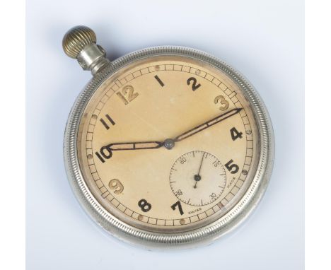A white metal cased Swiss Made pocket watch, bearing broad arrow mark to the back of the case. Stamped GS/TP 040205. With Ara