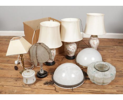 Two boxes of light shades and lamps. Includes Art Deco ceiling shade, pair of vintage milch glass dome shaped ceiling shades 