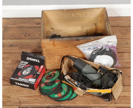 An angle grinder with accessories including spare grinding wheels, buffing wheel, rechargeable work light etc