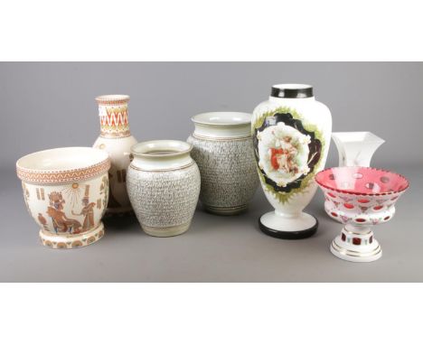 A quantity of large ceramic vases including two Denby vase, two Panda Egyptian style vases, opaline glass vase and bohemian s