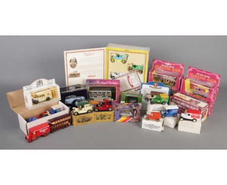 A collection of diecast vehicles, including Lledo Kelloggs Frosties, Solido Lancia Astura 1934, Efsi Holland T Ford 1919, Mat