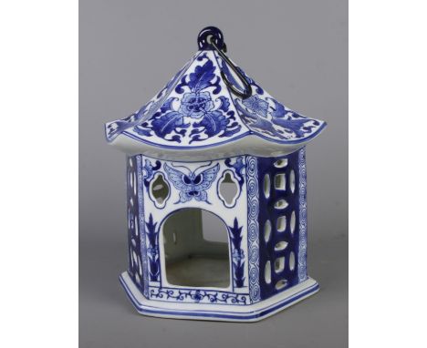 A large Chinoiserie pavilion blue &amp; white lantern by Victoria Ware Ironstone, decorated with floral and butterflies, feat