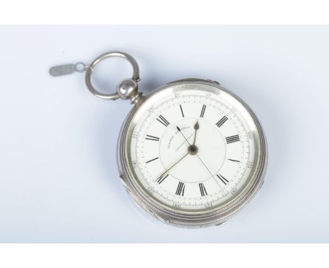A Victorian silver cased open faced Centre Seconds Chronograph pocket watch, with white dial and Roman Numeral markers. The c