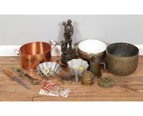 A box of assorted metalware, including brass planter, copper cooking pan, pewter items, baking moulds and other miscellaneous