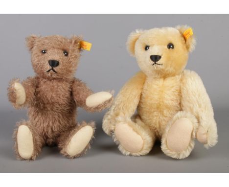 Two Steiff teddy bears; 000379 and 005441. Both having button-in-ear and the blonde example having growler. Tallest sat heigh