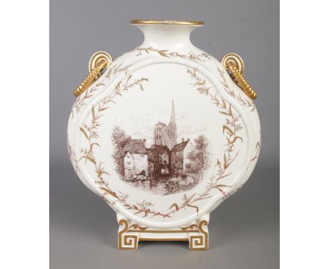 A Victorian Ridgway ceramic moon flask decorated with landscapes scenes of a town and riverside bridge with gilt decorated fo