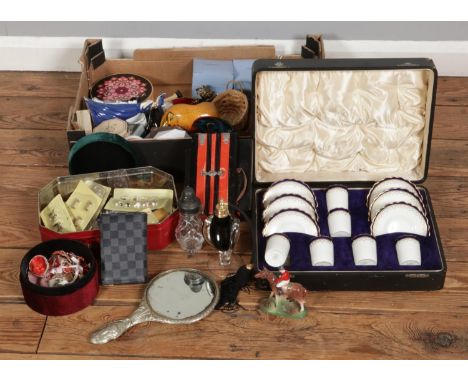 A box of mixed collectables including cased Aynsley coffee set, Wedgwood, Accordion, perfume bottles, cut glass etc