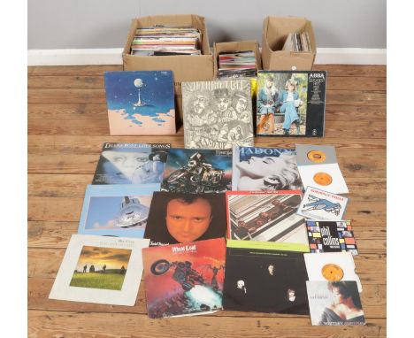 Three boxes of assorted vinyl LP records and singles of mainly rock and pop to include Michael Jackson, Phil Collins, Simply 