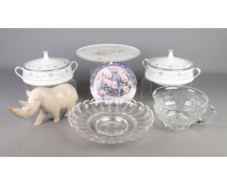 A collection of ceramics and glass, along with a carved soapstone rhinoceros figure. Includes Schumann cake stand, cut crysta