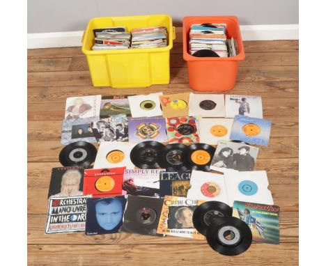 Two boxes of assorted vinyl singles of mainly rock and pop to include Status Quo, Elvis Presley, Phil Collins, Eurythmics, Or