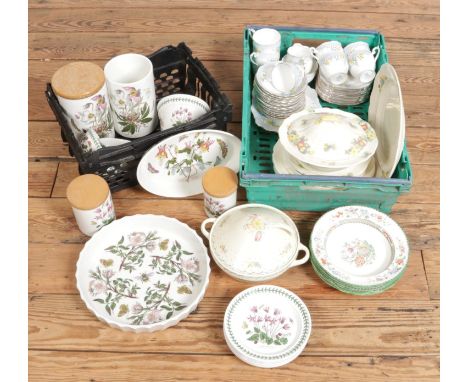 Two boxes of mixed ceramics. Includes Portmeirion Botanical, Susie Cooper, Bell china teaset, Copeland Spode Chinese Rose and