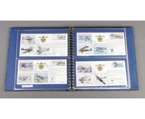 Thirty RAF 75th Anniversary limited edition first day covers, all signed, including Handley Page Hampden card signed by Sir R