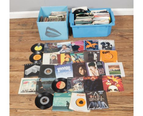 Two boxes of assorted vinyl singles of mainly rock and pop to include Status Quo, Elvis Presley, Mike Oldfield, Elton John, M