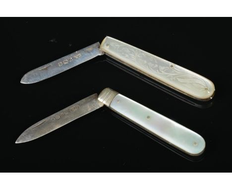 Two silver bladed fruit knives, both having mother of pearl scales