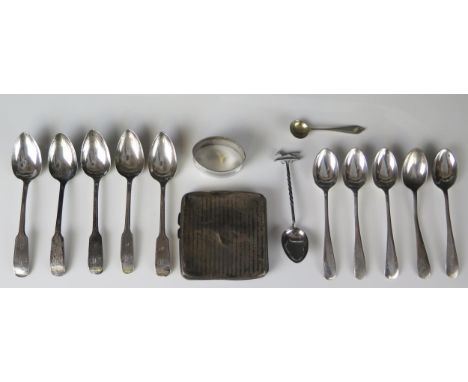 A mixed collection of silverwares including napkin ring, cigarette case and teaspoons, total weight of silver 305gms, 9.82ozs