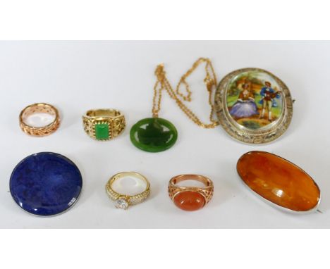 An Amber Brooch in a precious white metal setting (46.7x22.4mm, 8.35g, Ruskin pottery brooch (A/F), Limoges brooch, etc.