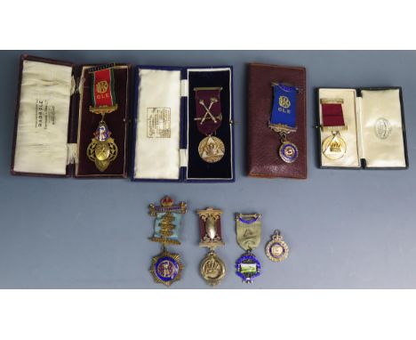 A collection of R.O.A.B. silver gilt and enamel jewels, Masonic jewels, some cased.