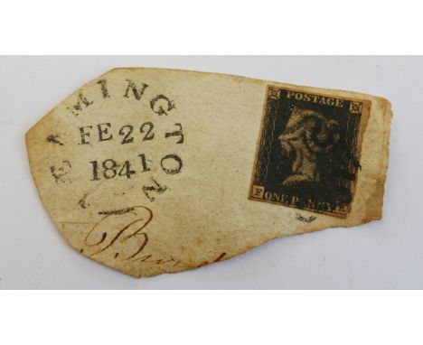An 1841 Penny Black Mounted on a part envelope from Ermington FE 22 1841. The Penny Black was replaced by the Penny Red in Fe