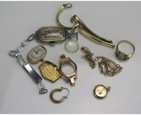 A 9ct Gold, Opal and Sapphire Ring (size I.5, hallmarked, 2g. One stone missing), a 9ct gold locket with chased decoration, s